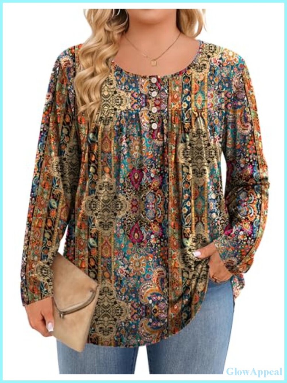 Plus Size Long Sleeve Tunic Top Button Floral Paisley Print Loose Fit